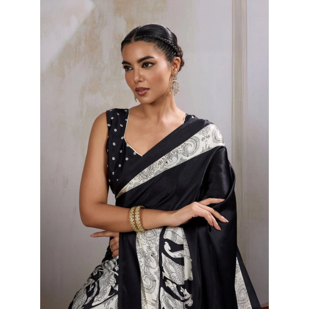 Generic Women's Satin Crepe Printed Saree With Unstitched Blouse 5.5Mtr (Black) - VANSHELLE