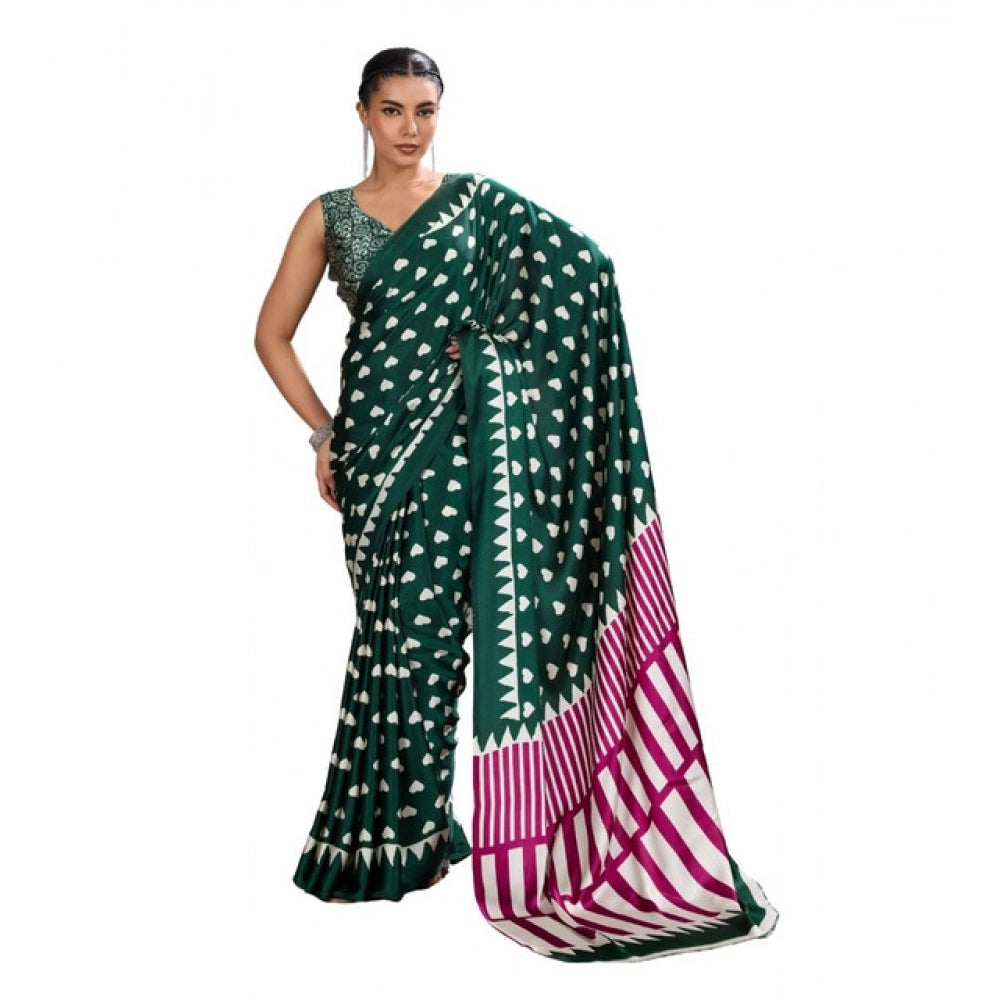 Generic Women's Satin Crepe Printed Saree With Unstitched Blouse 5.5Mtr (Bottle Green) - VANSHELLE