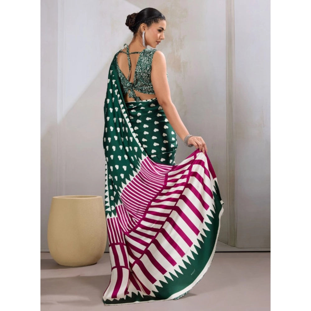 Generic Women's Satin Crepe Printed Saree With Unstitched Blouse 5.5Mtr (Bottle Green) - VANSHELLE