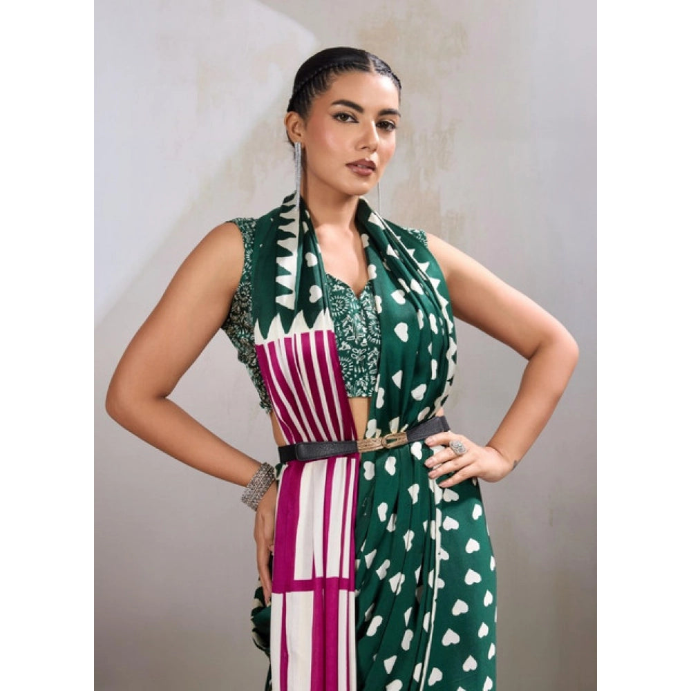 Generic Women's Satin Crepe Printed Saree With Unstitched Blouse 5.5Mtr (Bottle Green) - VANSHELLE