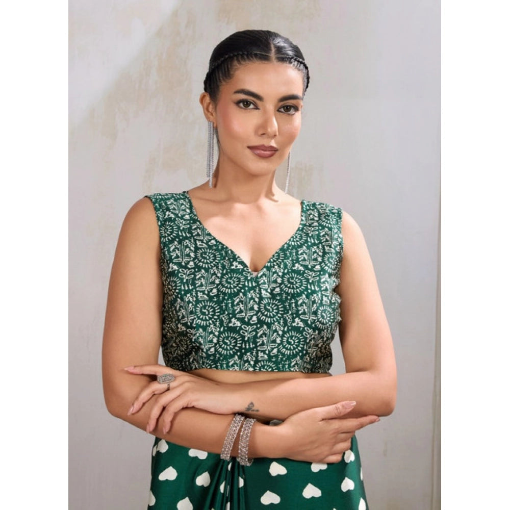 Generic Women's Satin Crepe Printed Saree With Unstitched Blouse 5.5Mtr (Bottle Green) - VANSHELLE