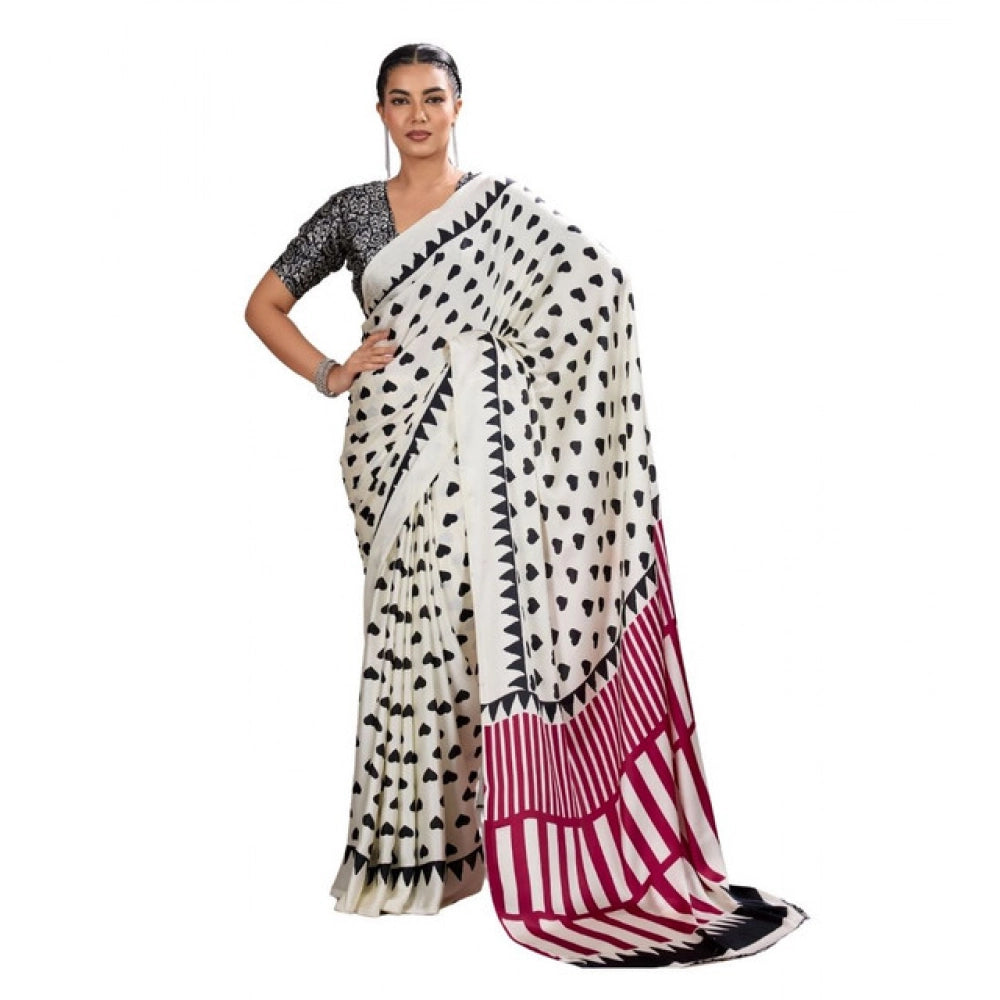 Generic Women's Satin Crepe Printed Saree With Unstitched Blouse 5.5Mtr (White) - VANSHELLE
