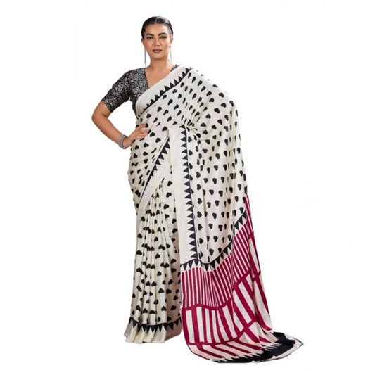 Generic Women's Satin Crepe Printed Saree With Unstitched Blouse 5.5Mtr (White) - VANSHELLE