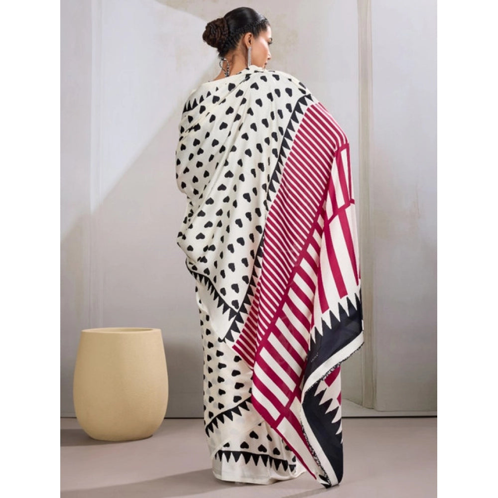 Generic Women's Satin Crepe Printed Saree With Unstitched Blouse 5.5Mtr (White) - VANSHELLE