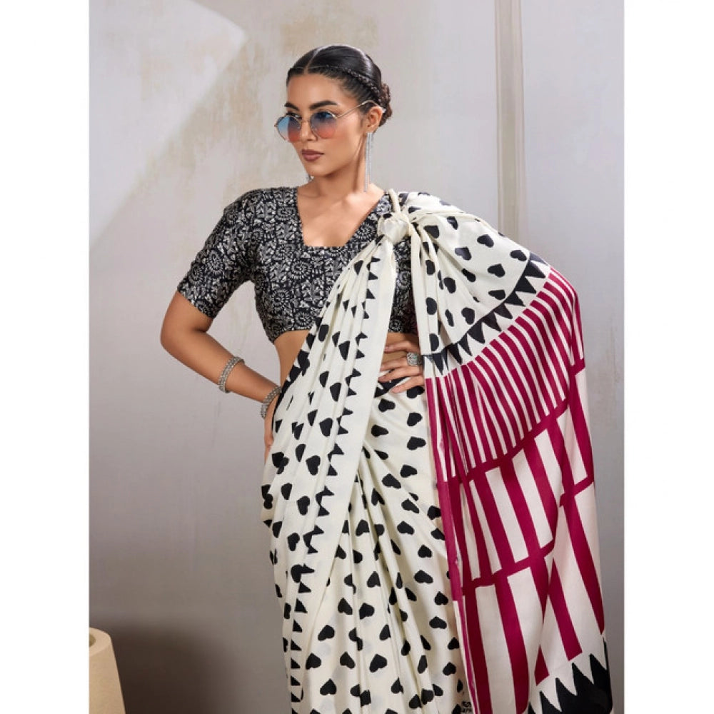 Generic Women's Satin Crepe Printed Saree With Unstitched Blouse 5.5Mtr (White) - VANSHELLE