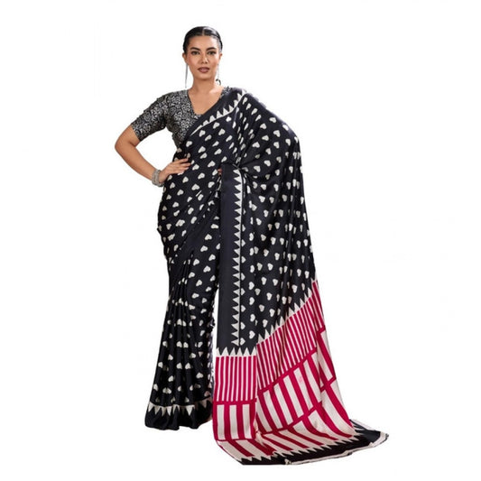 Generic Women's Satin Crepe Printed Saree With Unstitched Blouse 5.5Mtr (Black) - VANSHELLE