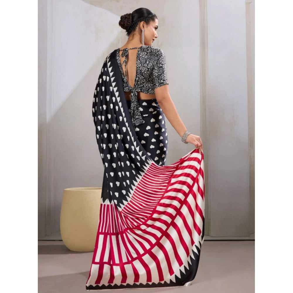 Generic Women's Satin Crepe Printed Saree With Unstitched Blouse 5.5Mtr (Black) - VANSHELLE