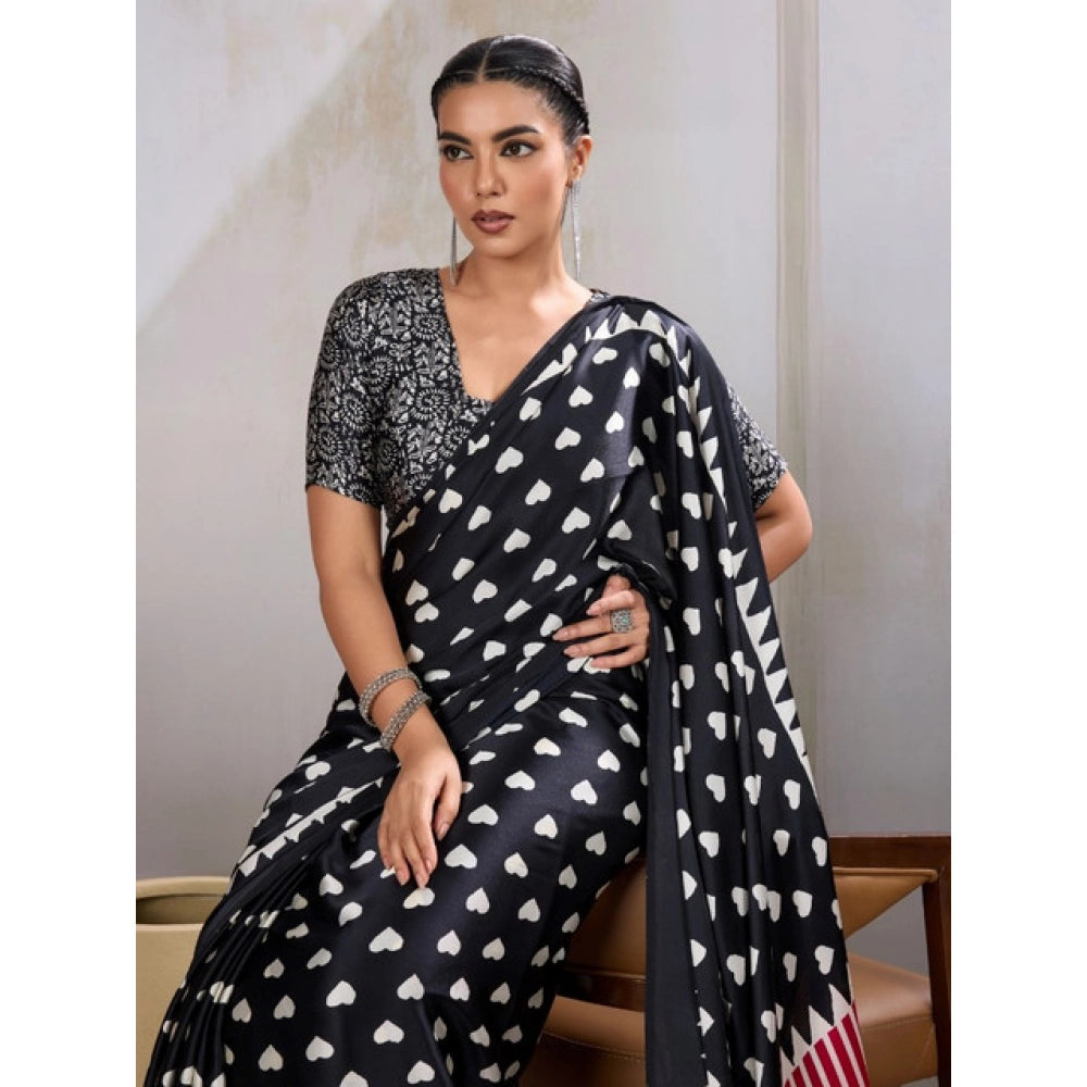 Generic Women's Satin Crepe Printed Saree With Unstitched Blouse 5.5Mtr (Black) - VANSHELLE