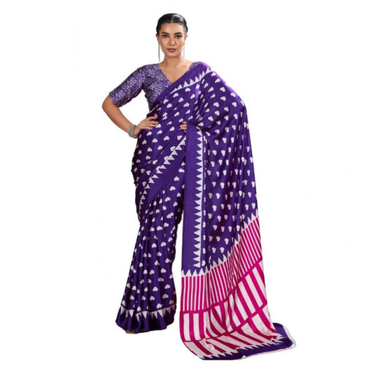 Generic Women's Satin Crepe Printed Saree With Unstitched Blouse 5.5Mtr (Navy Blue) - VANSHELLE