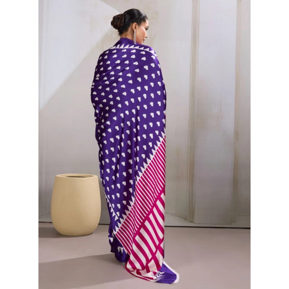Generic Women's Satin Crepe Printed Saree With Unstitched Blouse 5.5Mtr (Navy Blue) - VANSHELLE