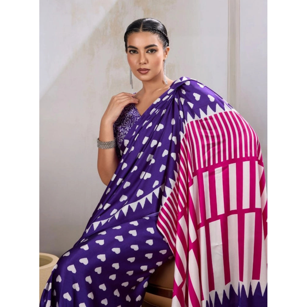 Generic Women's Satin Crepe Printed Saree With Unstitched Blouse 5.5Mtr (Navy Blue) - VANSHELLE
