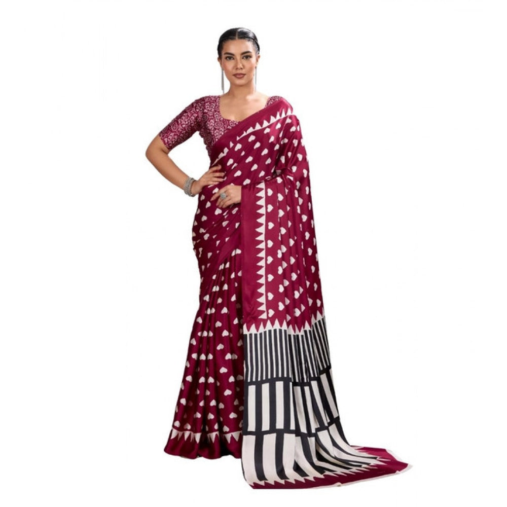 Generic Women's Satin Crepe Printed Saree With Unstitched Blouse 5.5Mtr (Maroon) - VANSHELLE