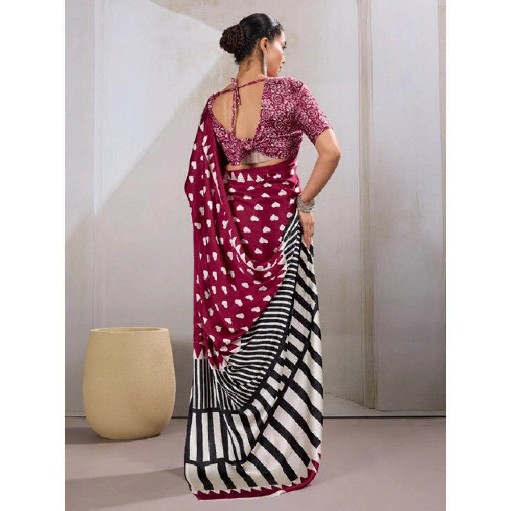 Generic Women's Satin Crepe Printed Saree With Unstitched Blouse 5.5Mtr (Maroon) - VANSHELLE