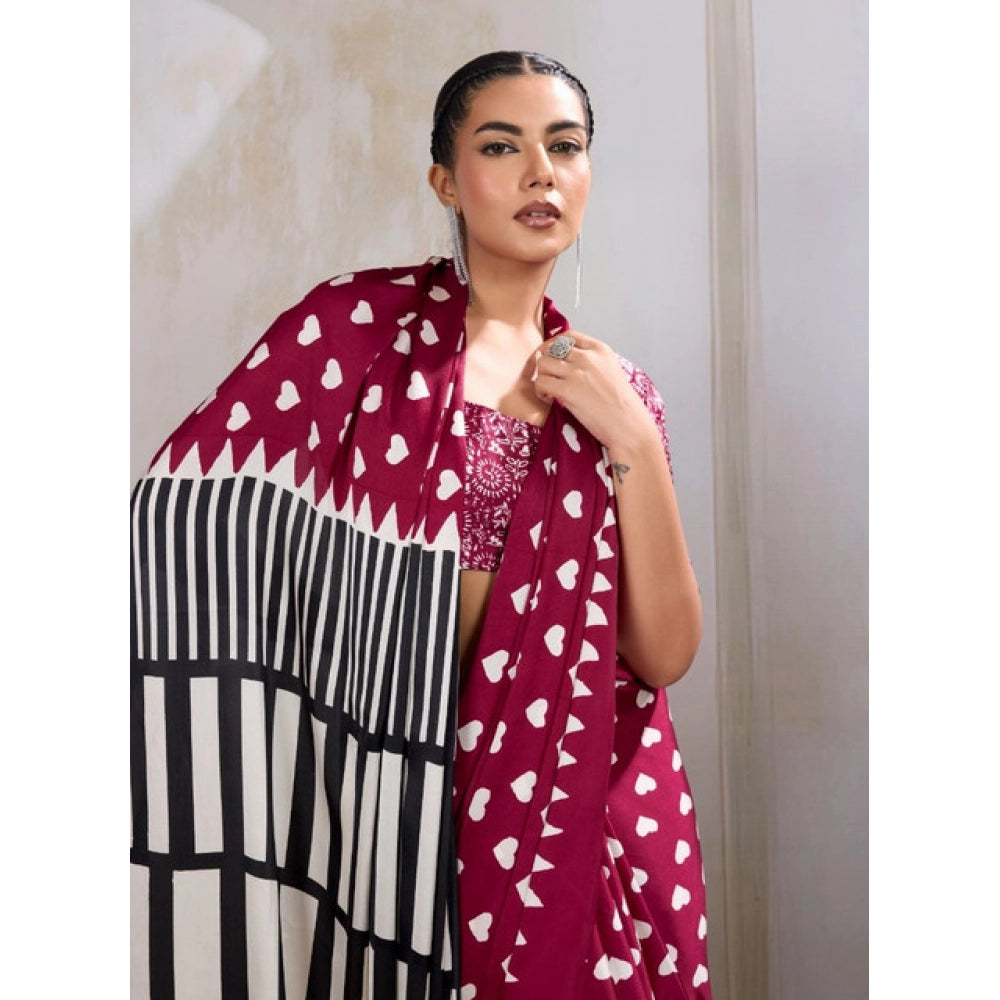 Generic Women's Satin Crepe Printed Saree With Unstitched Blouse 5.5Mtr (Maroon) - VANSHELLE