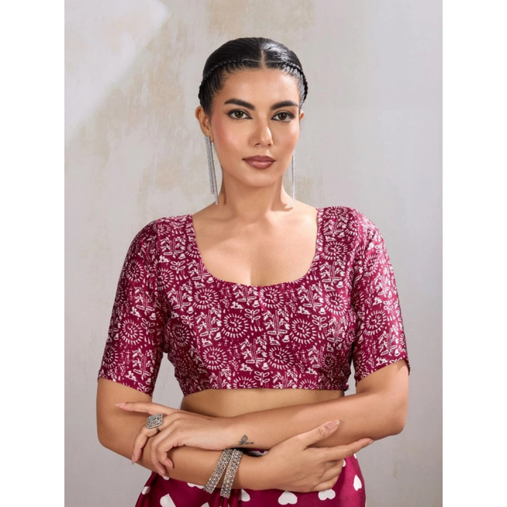 Generic Women's Satin Crepe Printed Saree With Unstitched Blouse 5.5Mtr (Maroon) - VANSHELLE