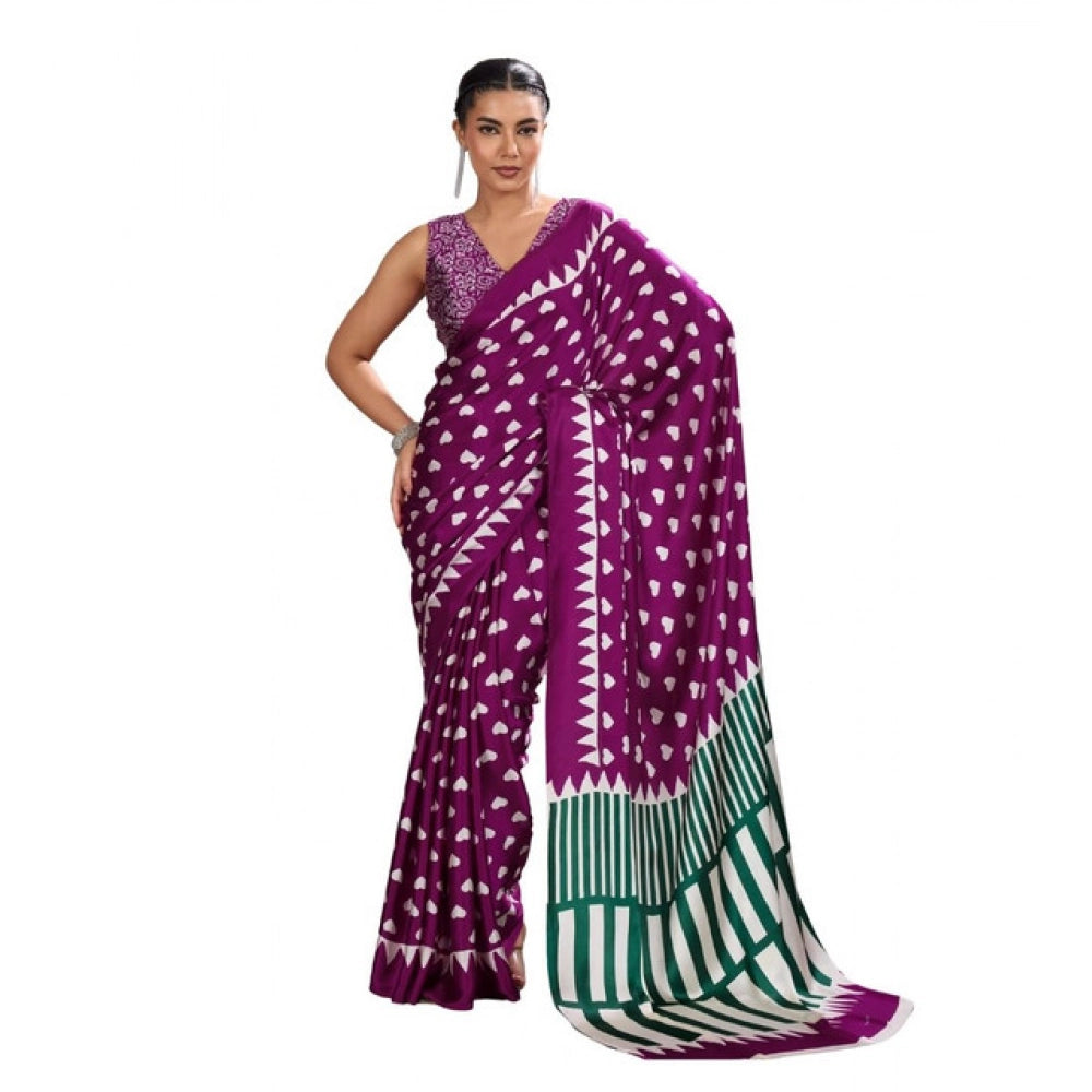 Generic Women's Satin Crepe Printed Saree With Unstitched Blouse 5.5Mtr (Purple) - VANSHELLE