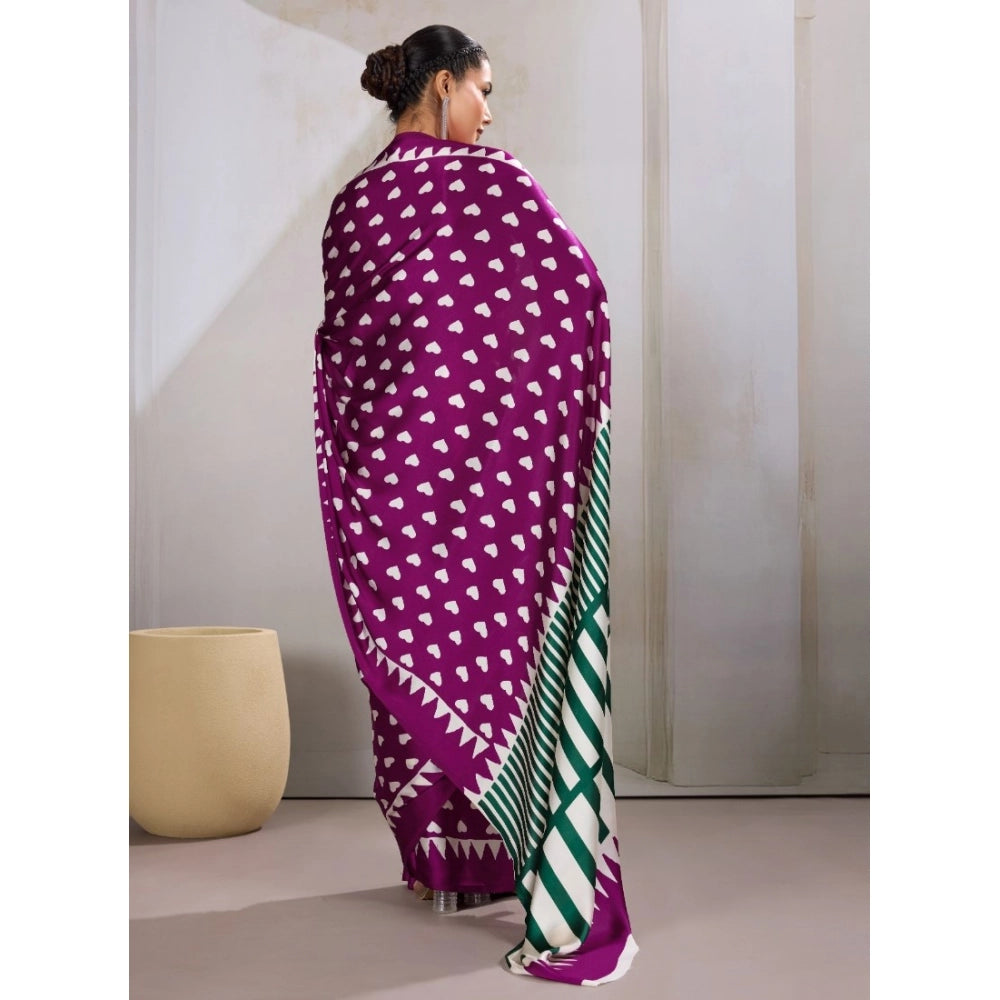 Generic Women's Satin Crepe Printed Saree With Unstitched Blouse 5.5Mtr (Purple) - VANSHELLE