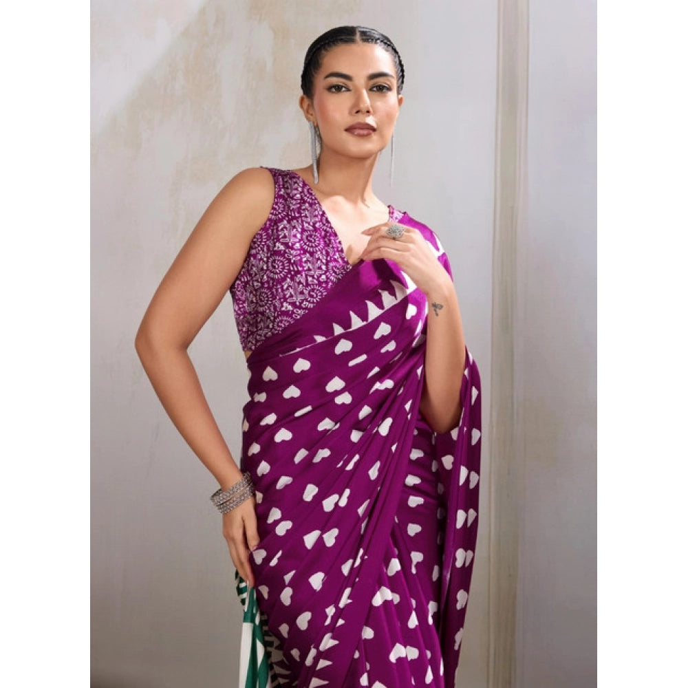 Generic Women's Satin Crepe Printed Saree With Unstitched Blouse 5.5Mtr (Purple) - VANSHELLE