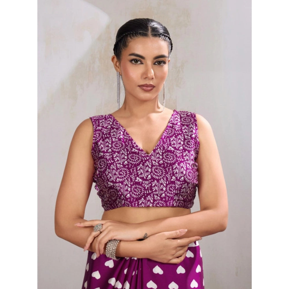 Generic Women's Satin Crepe Printed Saree With Unstitched Blouse 5.5Mtr (Purple) - VANSHELLE