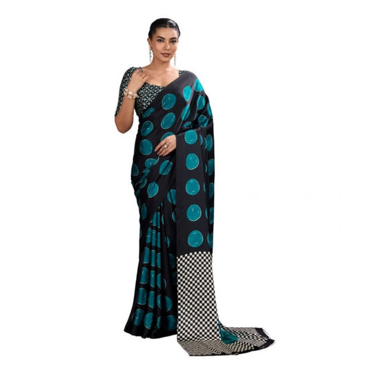 Generic Women's Satin Crepe Printed Saree With Unstitched Blouse 5.5Mtr (Black) - VANSHELLE