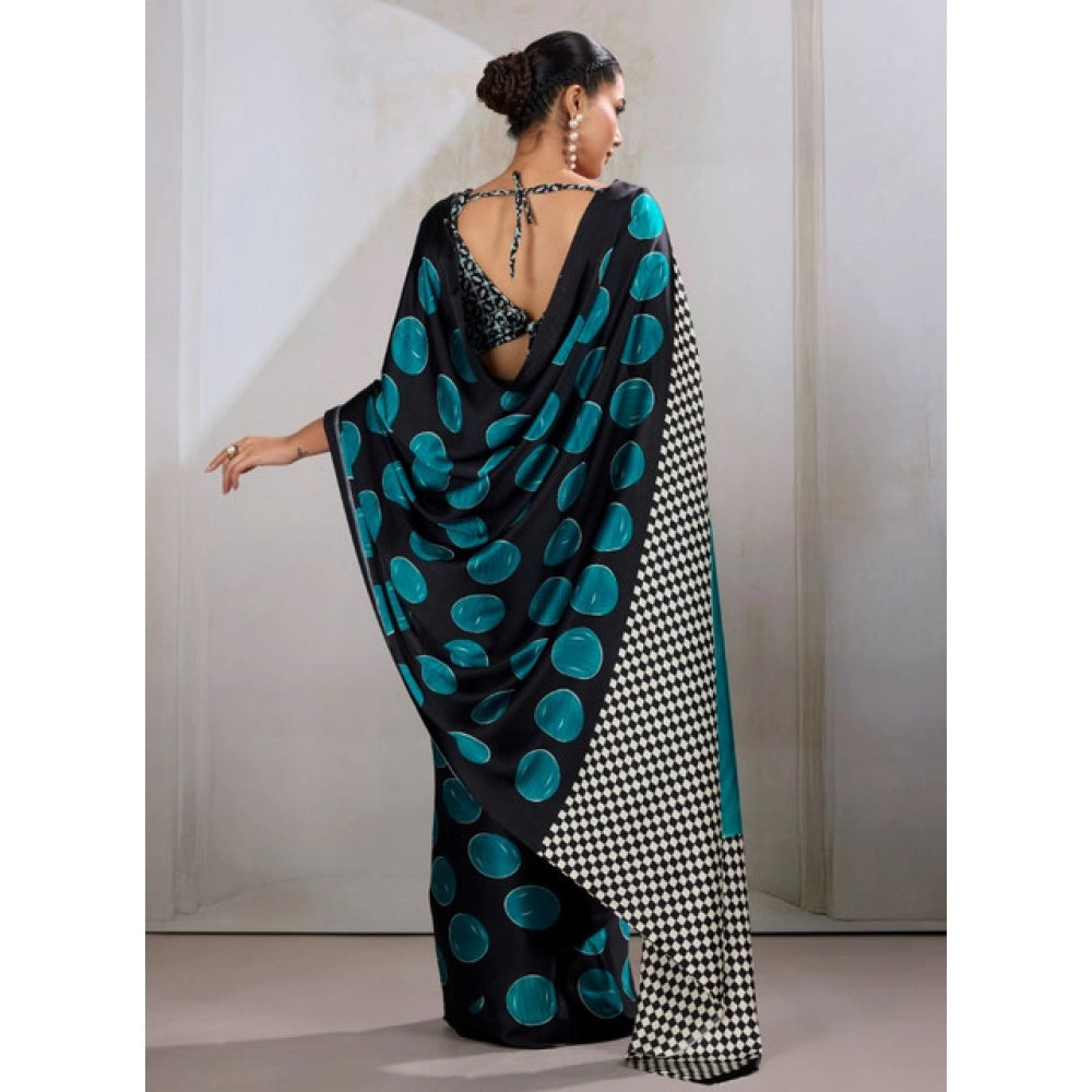 Generic Women's Satin Crepe Printed Saree With Unstitched Blouse 5.5Mtr (Black) - VANSHELLE