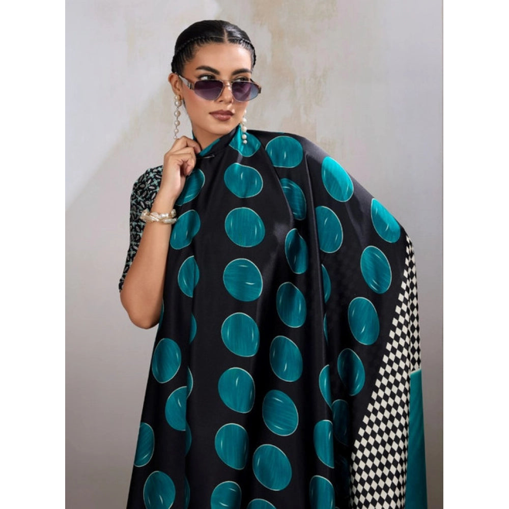 Generic Women's Satin Crepe Printed Saree With Unstitched Blouse 5.5Mtr (Black) - VANSHELLE