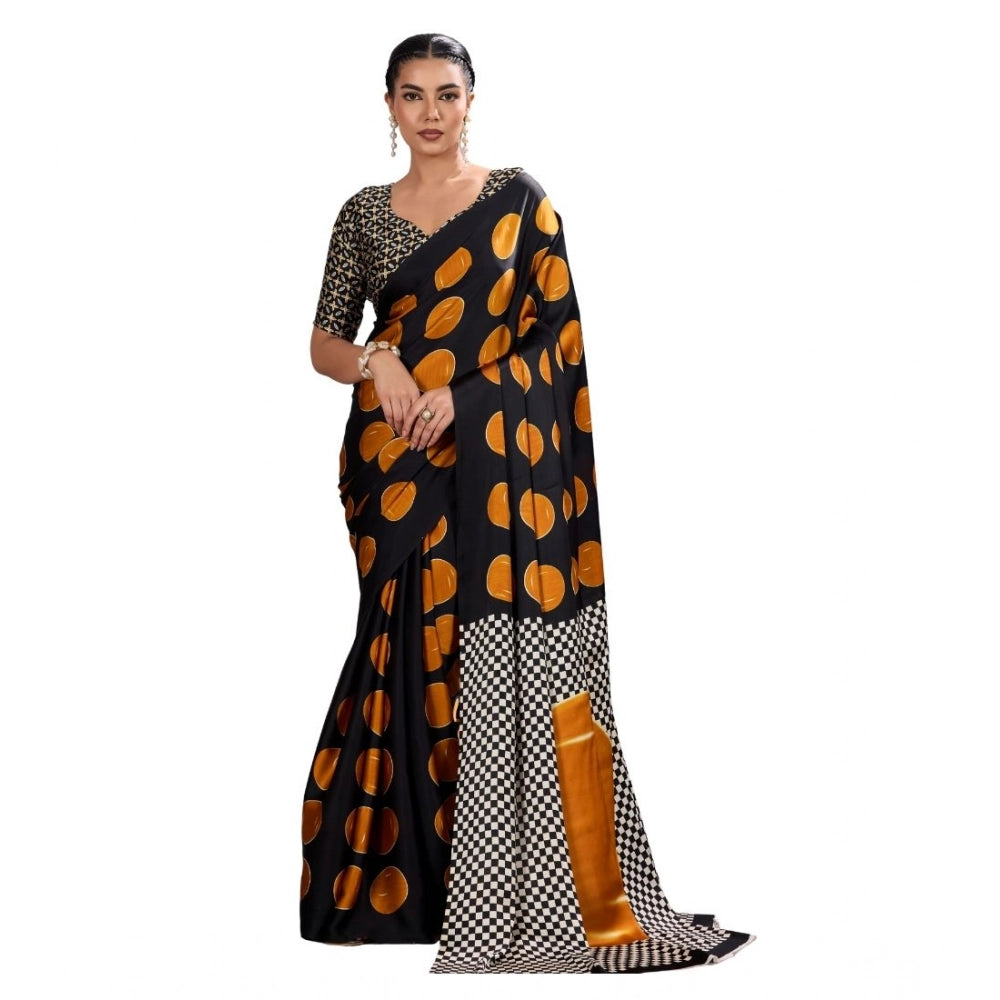 Generic Women's Satin Crepe Printed Saree With Unstitched Blouse 5.5Mtr (Mustard) - VANSHELLE