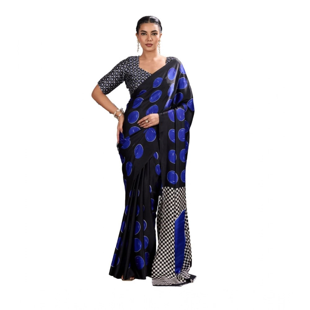 Generic Women's Satin Crepe Printed Saree With Unstitched Blouse 5.5Mtr (Blue) - VANSHELLE