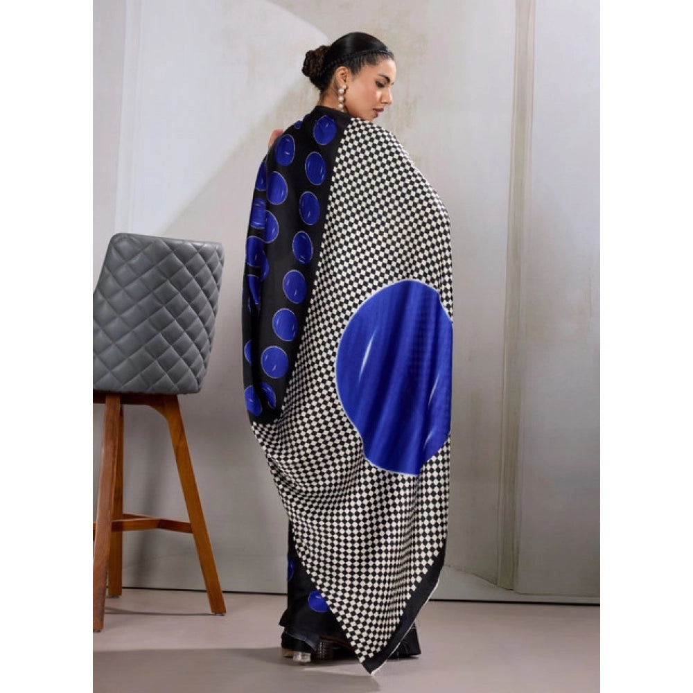 Generic Women's Satin Crepe Printed Saree With Unstitched Blouse 5.5Mtr (Blue) - VANSHELLE