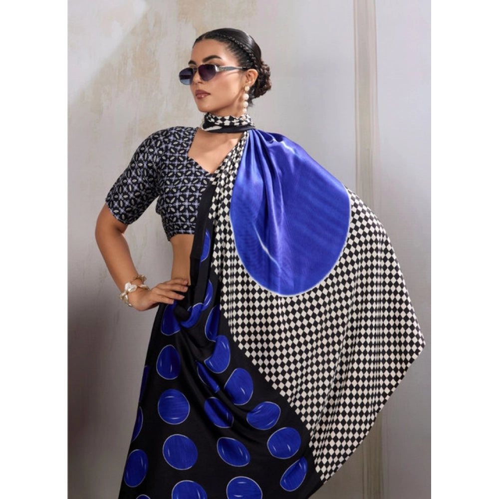 Generic Women's Satin Crepe Printed Saree With Unstitched Blouse 5.5Mtr (Blue) - VANSHELLE