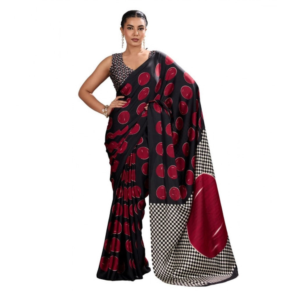 Generic Women's Satin Crepe Printed Saree With Unstitched Blouse 5.5Mtr (Maroon) - VANSHELLE