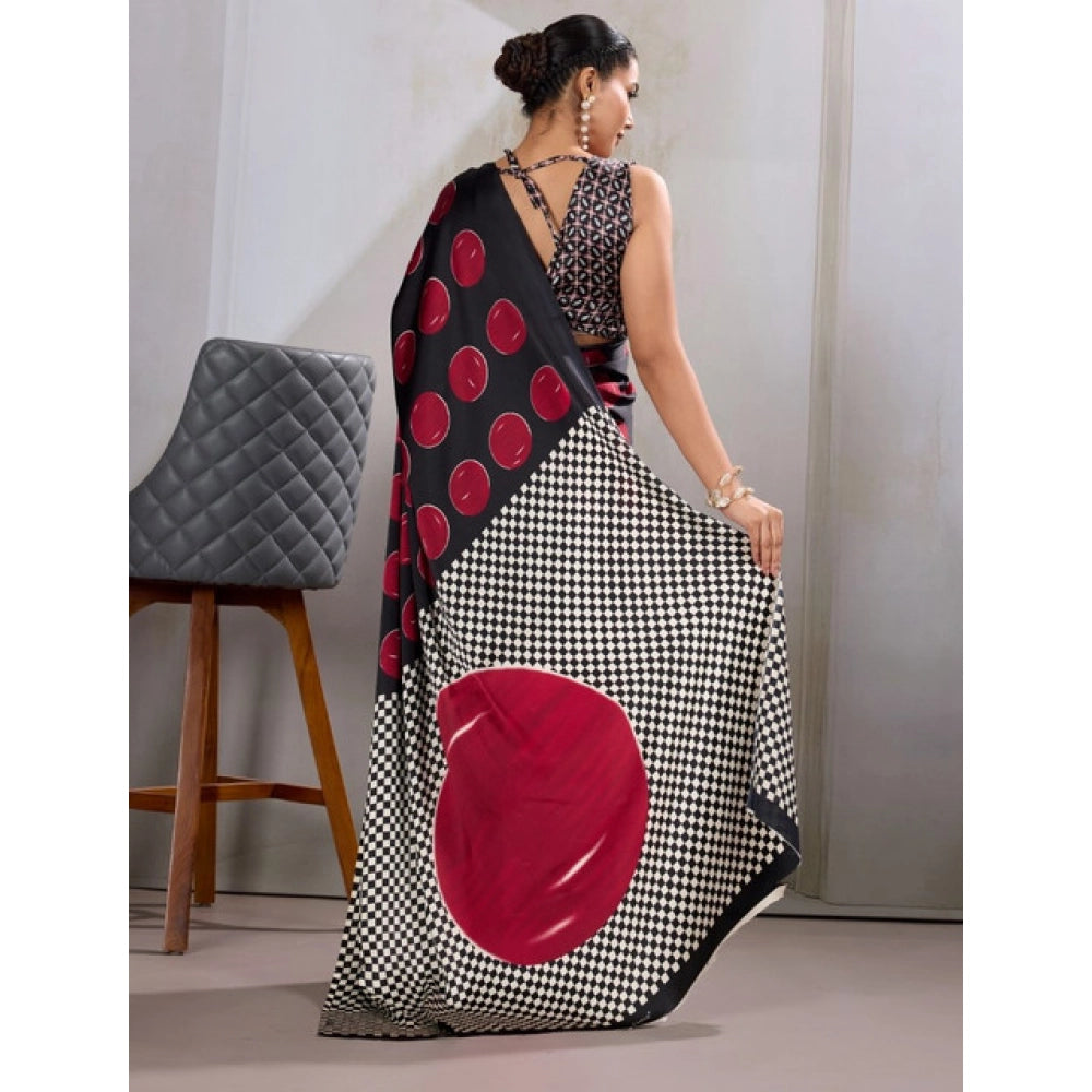 Generic Women's Satin Crepe Printed Saree With Unstitched Blouse 5.5Mtr (Maroon) - VANSHELLE