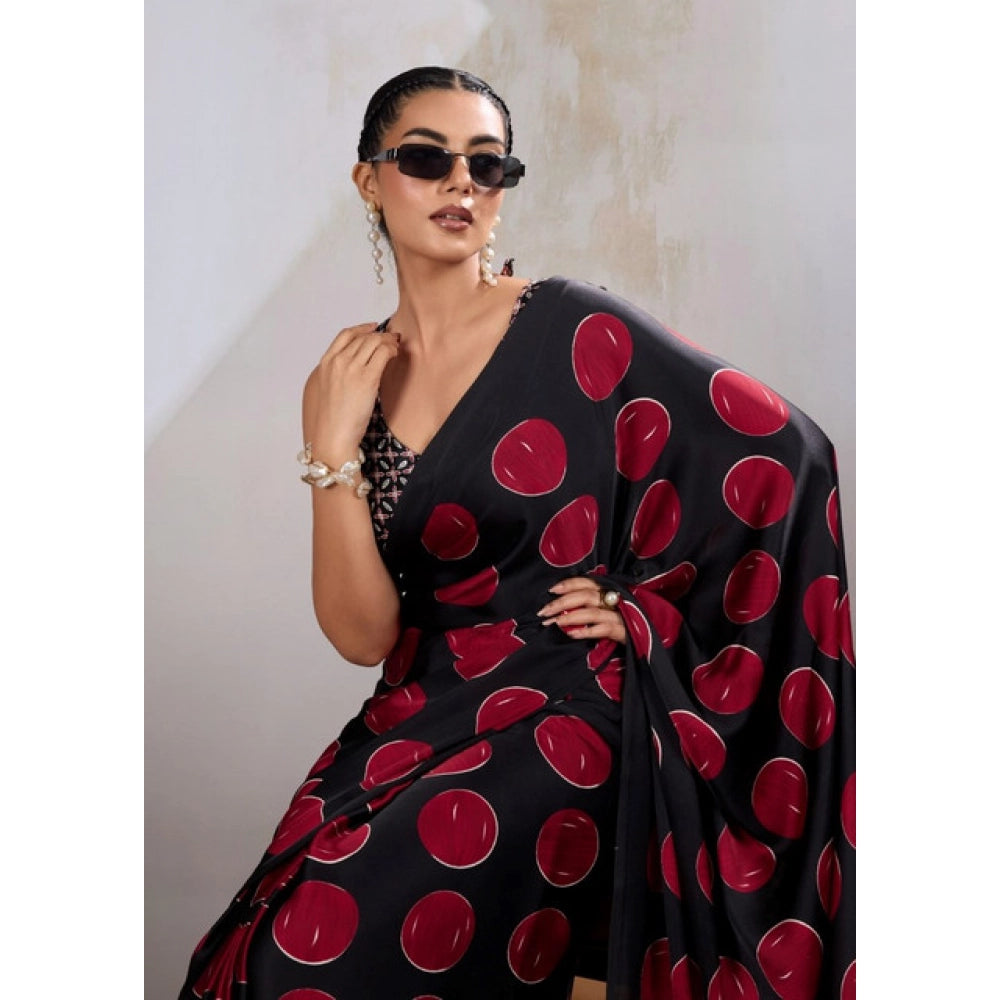 Generic Women's Satin Crepe Printed Saree With Unstitched Blouse 5.5Mtr (Maroon) - VANSHELLE