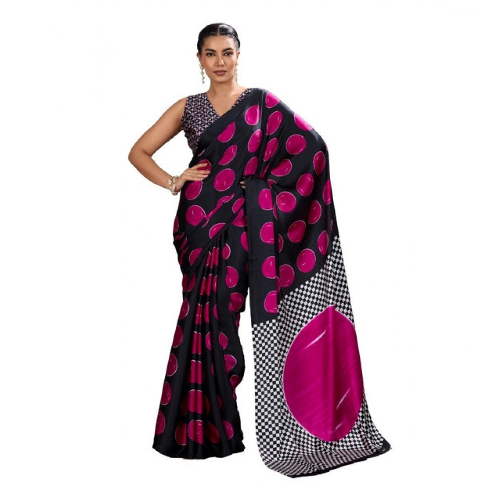 Generic Women's Satin Crepe Printed Saree With Unstitched Blouse 5.5Mtr (Pink) - VANSHELLE