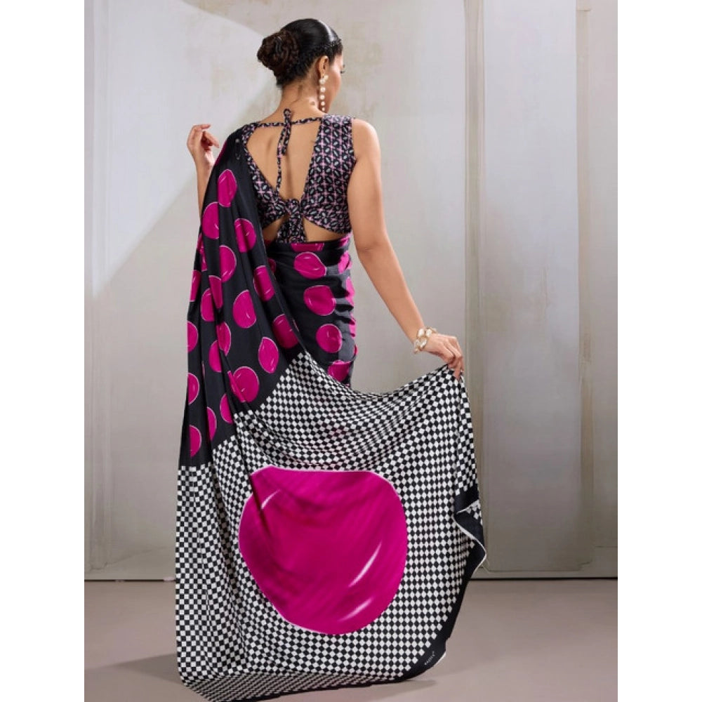 Generic Women's Satin Crepe Printed Saree With Unstitched Blouse 5.5Mtr (Pink) - VANSHELLE
