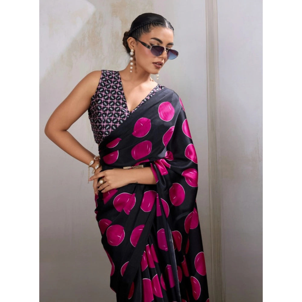 Generic Women's Satin Crepe Printed Saree With Unstitched Blouse 5.5Mtr (Pink) - VANSHELLE