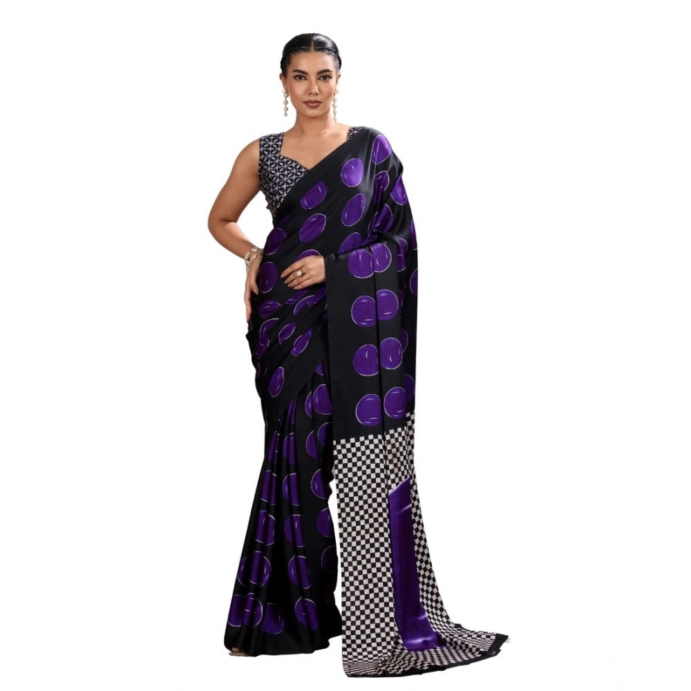 Generic Women's Satin Crepe Printed Saree With Unstitched Blouse 5.5Mtr (Purple) - VANSHELLE