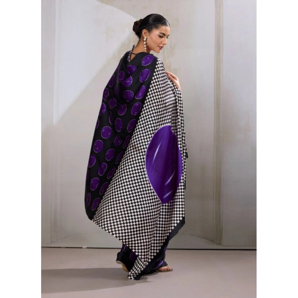 Generic Women's Satin Crepe Printed Saree With Unstitched Blouse 5.5Mtr (Purple) - VANSHELLE