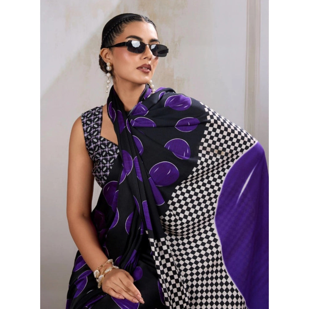 Generic Women's Satin Crepe Printed Saree With Unstitched Blouse 5.5Mtr (Purple) - VANSHELLE