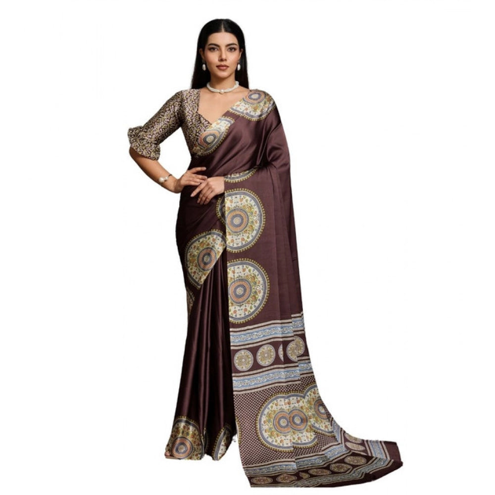Generic Women's Satin Crepe Printed Saree With Unstitched Blouse 5.5Mtr (Brown) - VANSHELLE