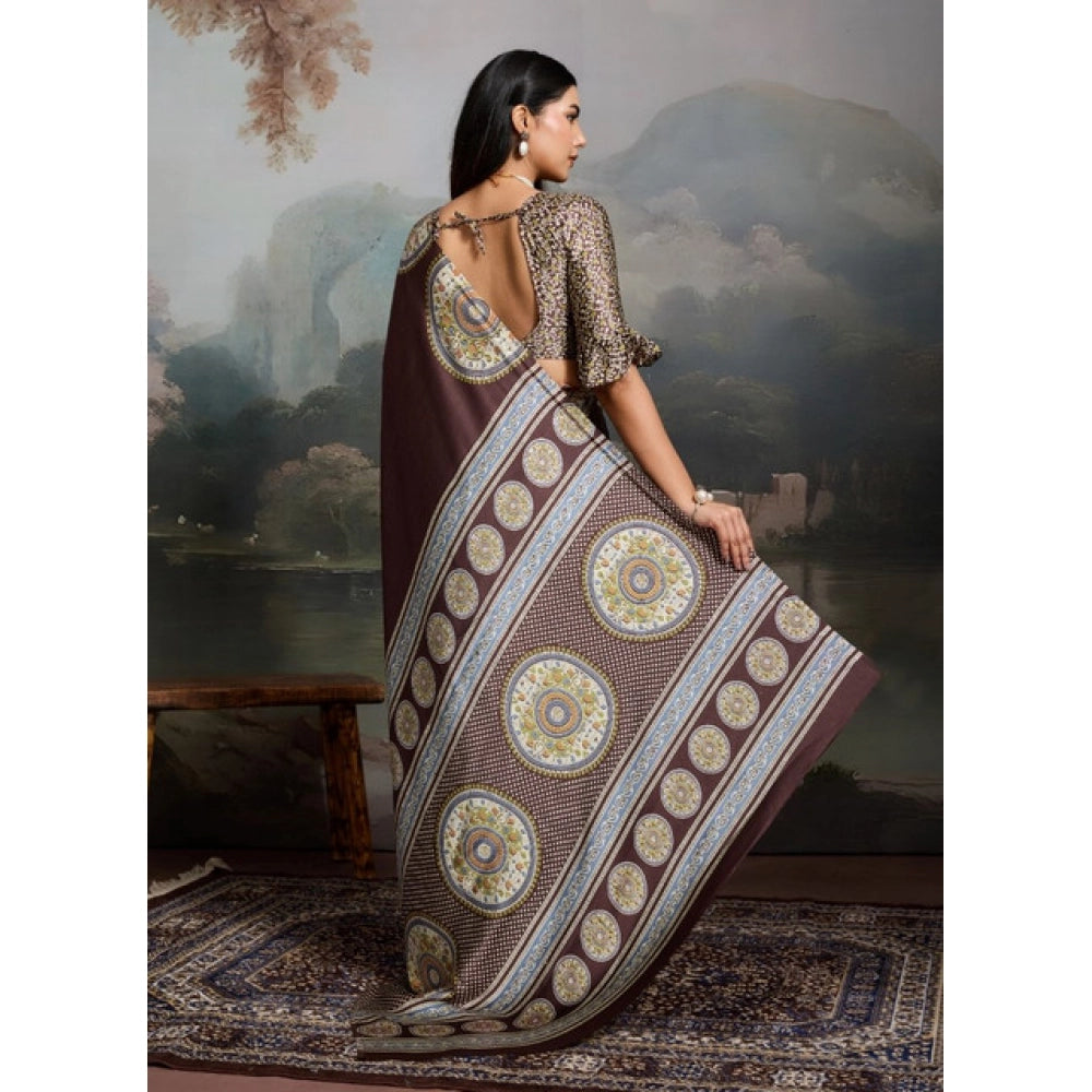 Generic Women's Satin Crepe Printed Saree With Unstitched Blouse 5.5Mtr (Brown) - VANSHELLE