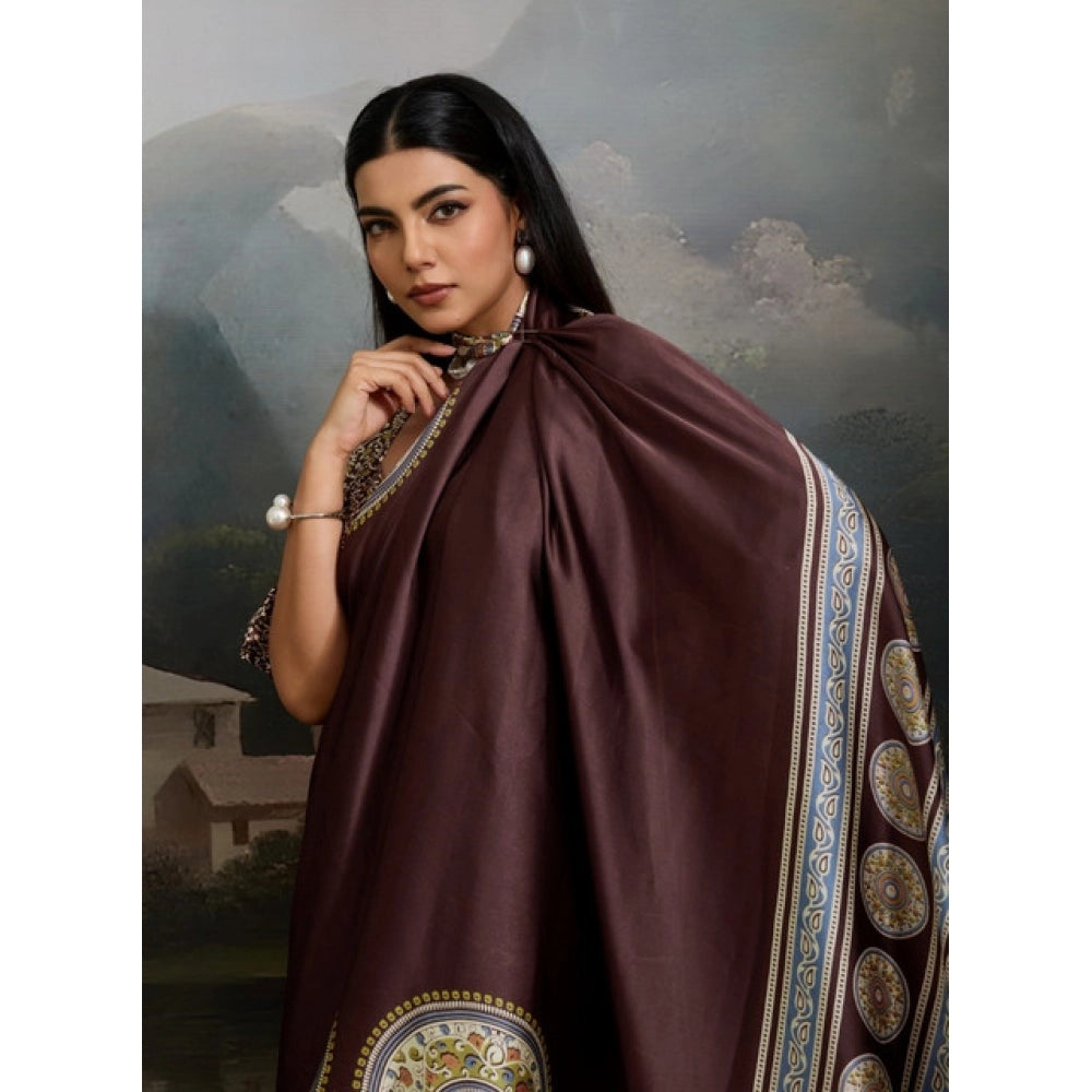 Generic Women's Satin Crepe Printed Saree With Unstitched Blouse 5.5Mtr (Brown) - VANSHELLE