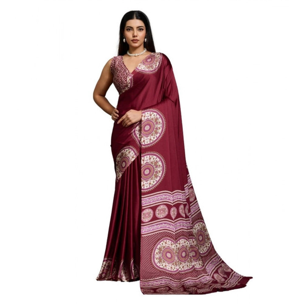 Generic Women's Satin Crepe Printed Saree With Unstitched Blouse 5.5Mtr (Maroon) - VANSHELLE
