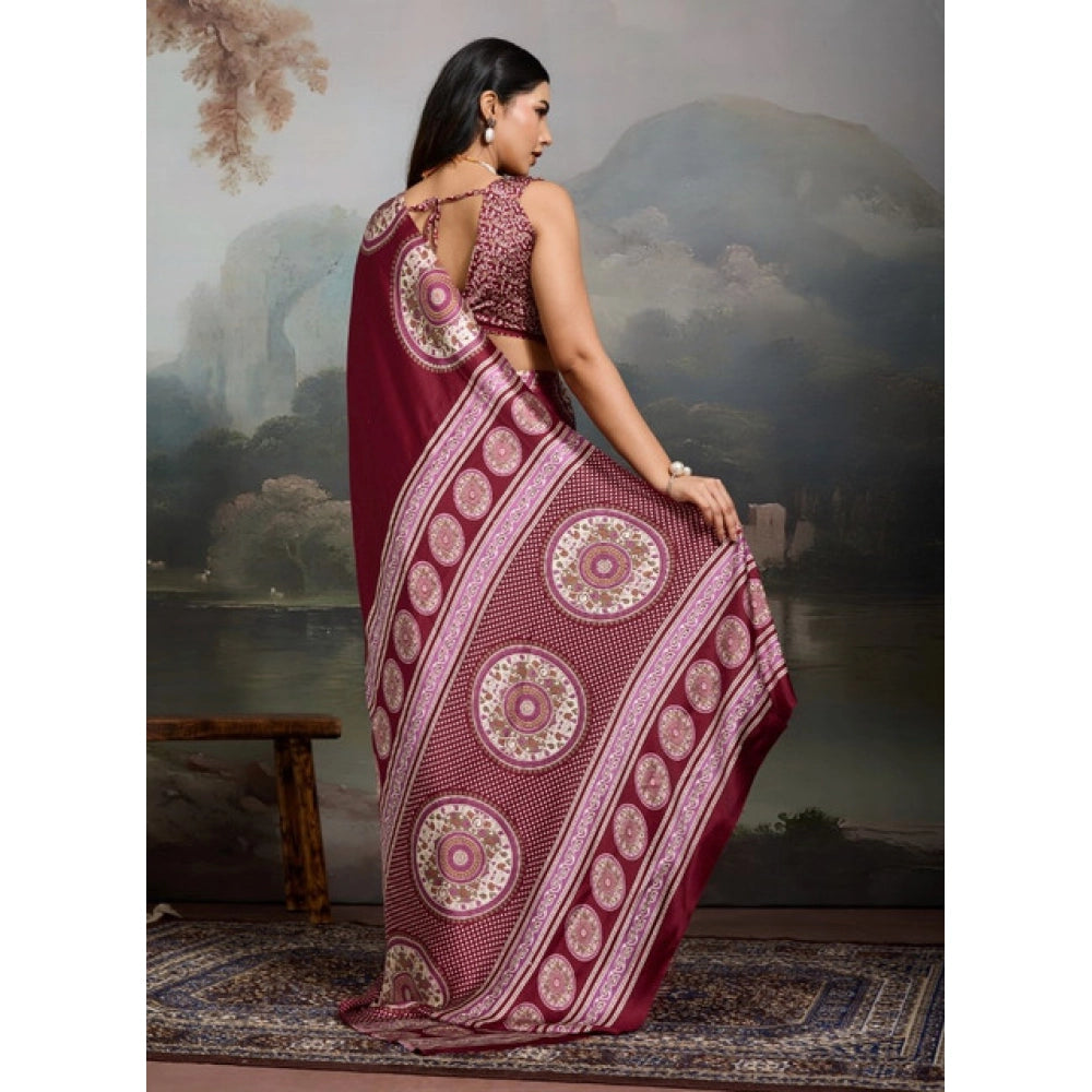 Generic Women's Satin Crepe Printed Saree With Unstitched Blouse 5.5Mtr (Maroon) - VANSHELLE