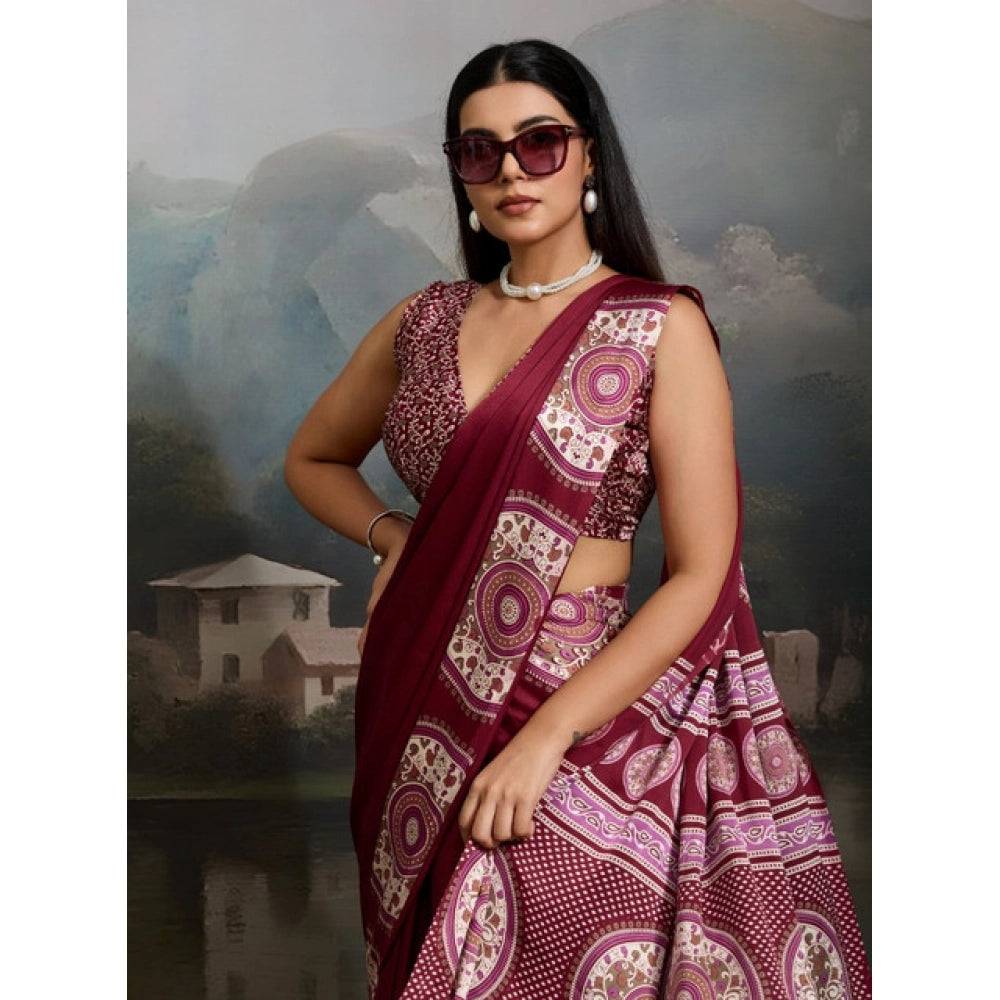 Generic Women's Satin Crepe Printed Saree With Unstitched Blouse 5.5Mtr (Maroon) - VANSHELLE