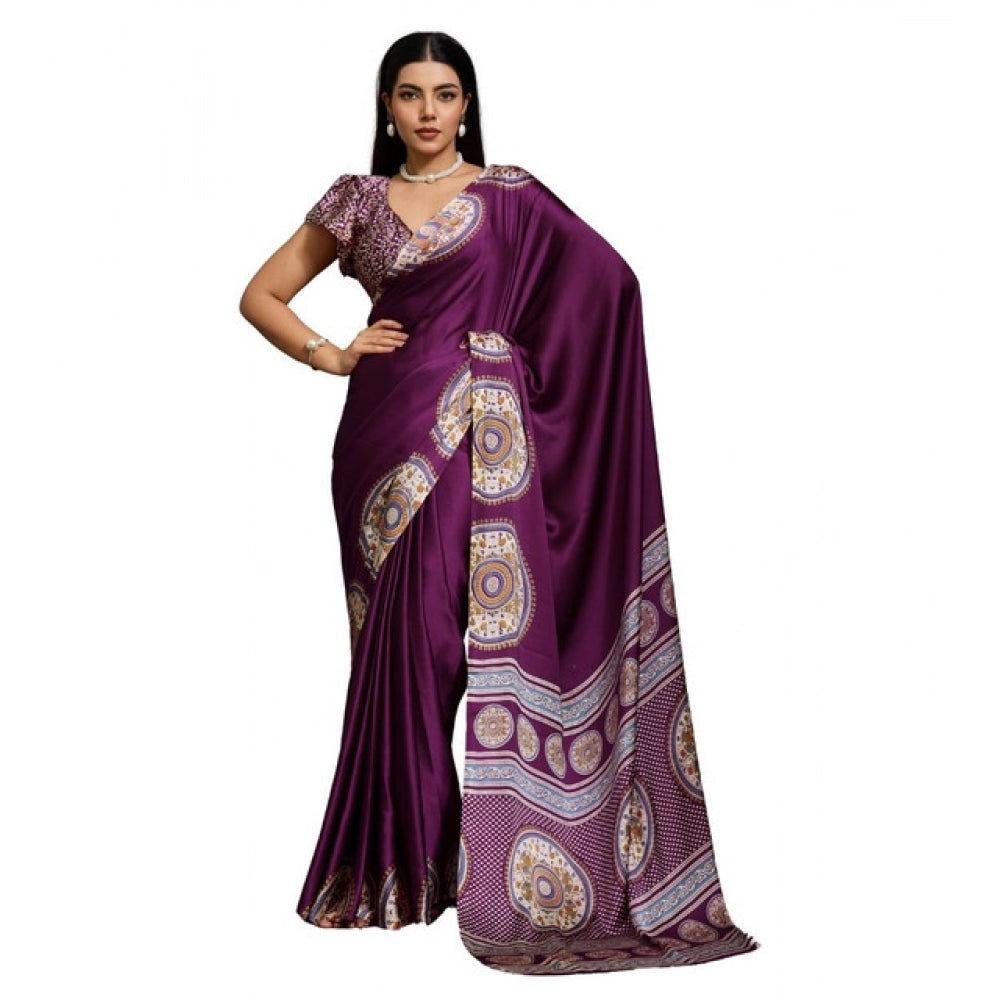 Generic Women's Satin Crepe Printed Saree With Unstitched Blouse 5.5Mtr (Purple) - VANSHELLE