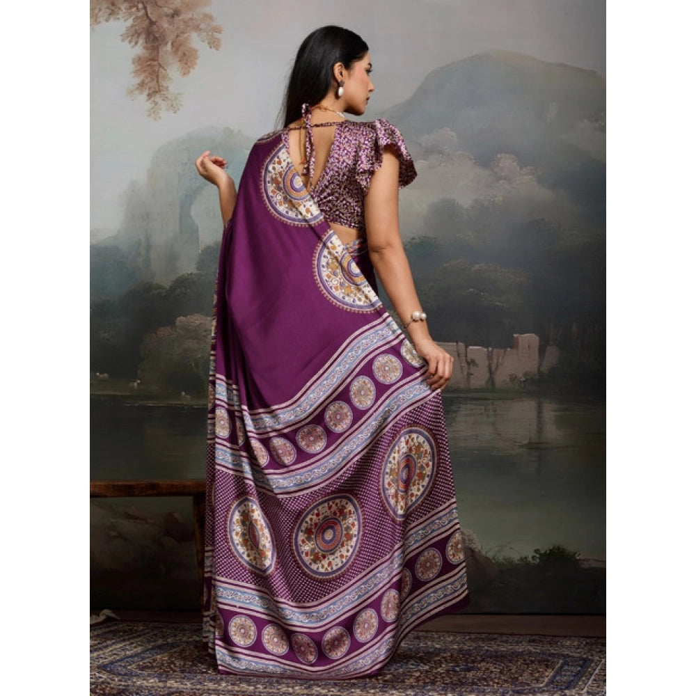 Generic Women's Satin Crepe Printed Saree With Unstitched Blouse 5.5Mtr (Purple) - VANSHELLE