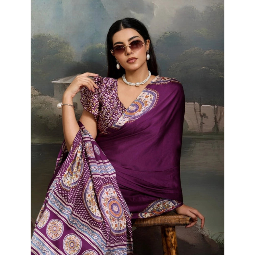 Generic Women's Satin Crepe Printed Saree With Unstitched Blouse 5.5Mtr (Purple) - VANSHELLE