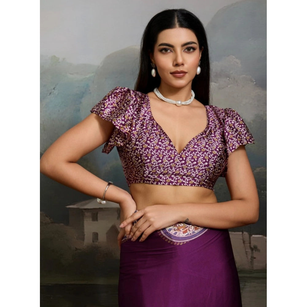 Generic Women's Satin Crepe Printed Saree With Unstitched Blouse 5.5Mtr (Purple) - VANSHELLE