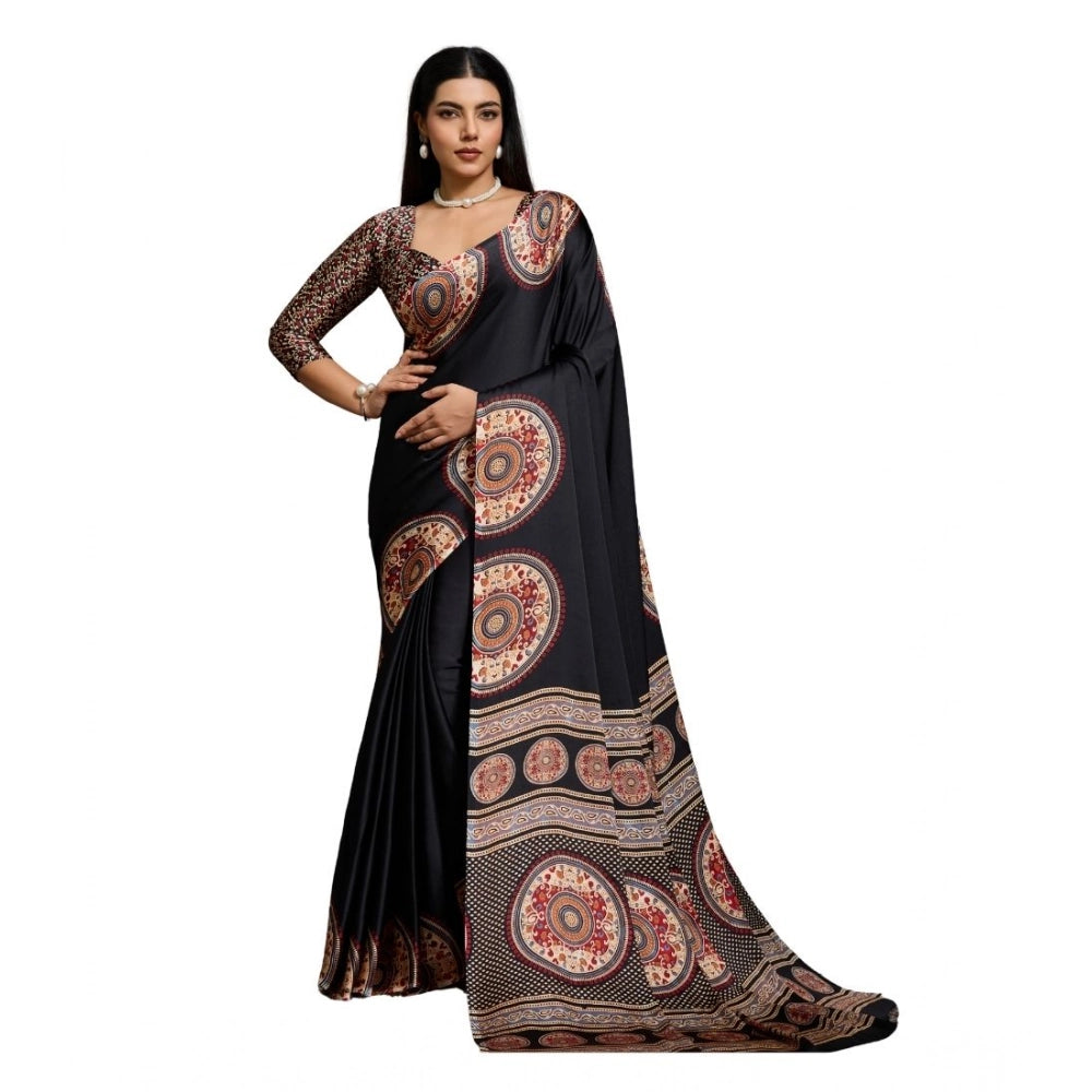 Generic Women's Satin Crepe Printed Saree With Unstitched Blouse 5.5Mtr (Black) - VANSHELLE